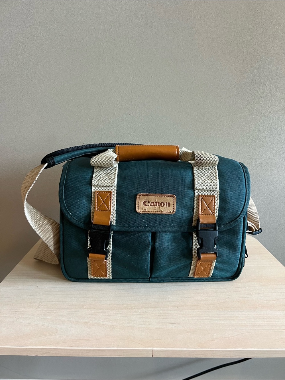 Canon Dark Green Canvas Camera Messenger Bag Leather Accents Vintage Canon Bag